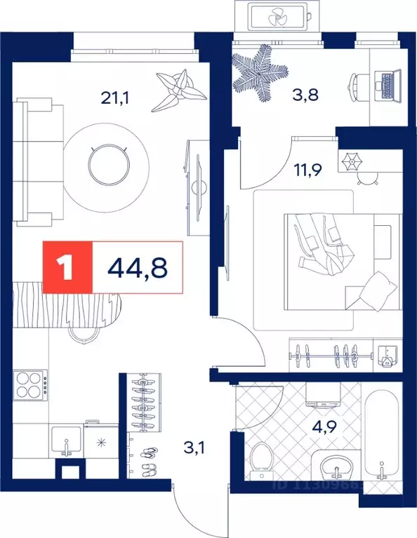 1-к кв. Тюменская область, Тюмень  (44.8 м) - Фото 0