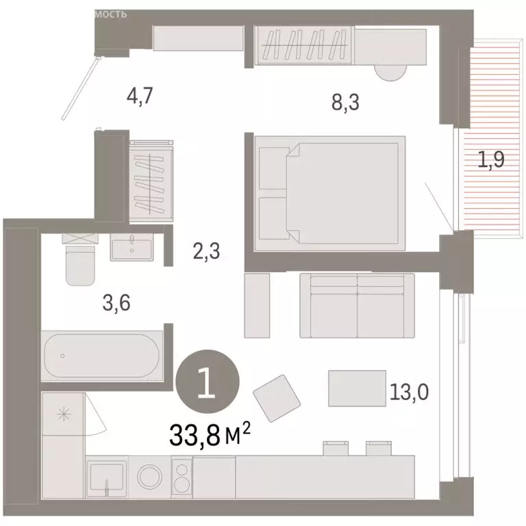 1-комнатная квартира: Тюмень, жилой комплекс Зарека (33.77 м) - Фото 1