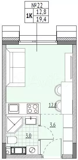 апартаменты-студия, 19,4м, 5/7эт. - Фото 1