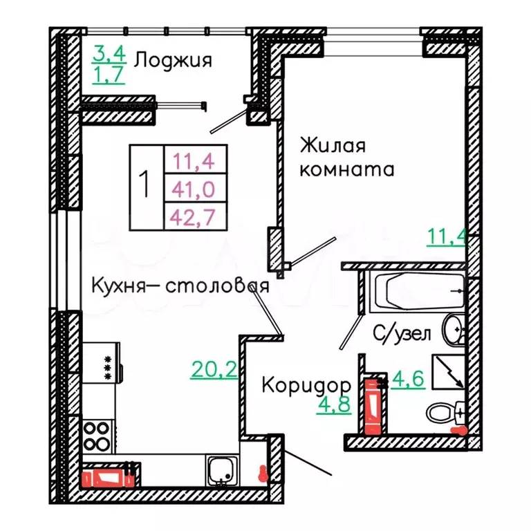 1-к. квартира, 42,7 м, 9/13 эт. - Фото 0