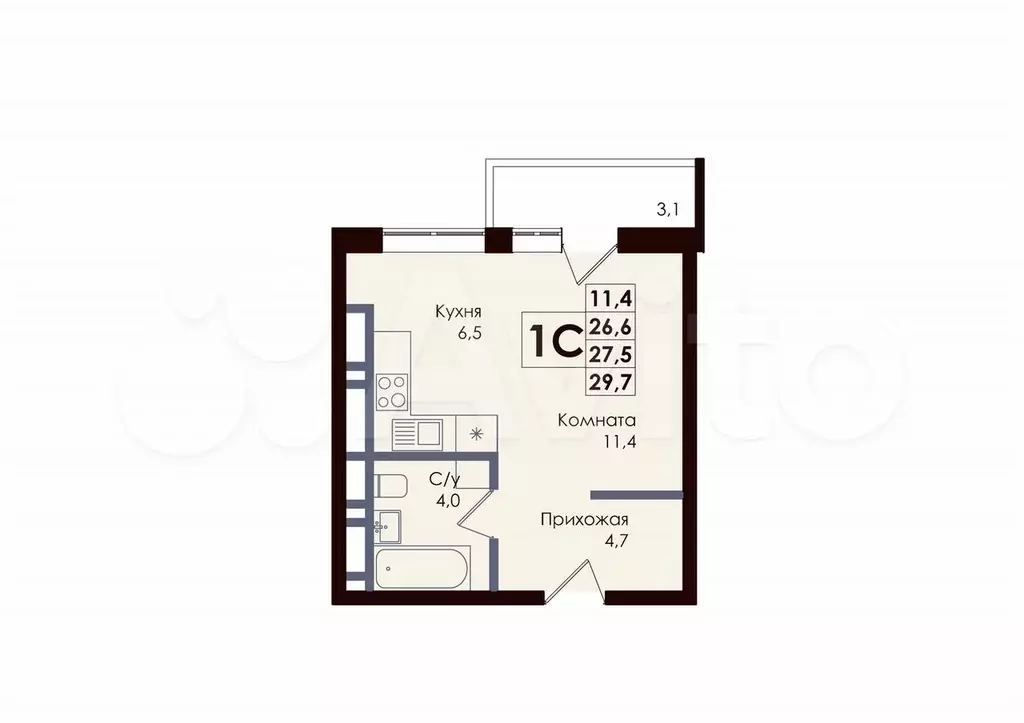 Квартира-студия, 27,3 м, 2/25 эт. - Фото 0