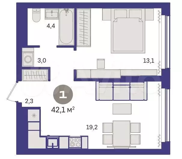1-к. квартира, 42 м, 2/9 эт. - Фото 1