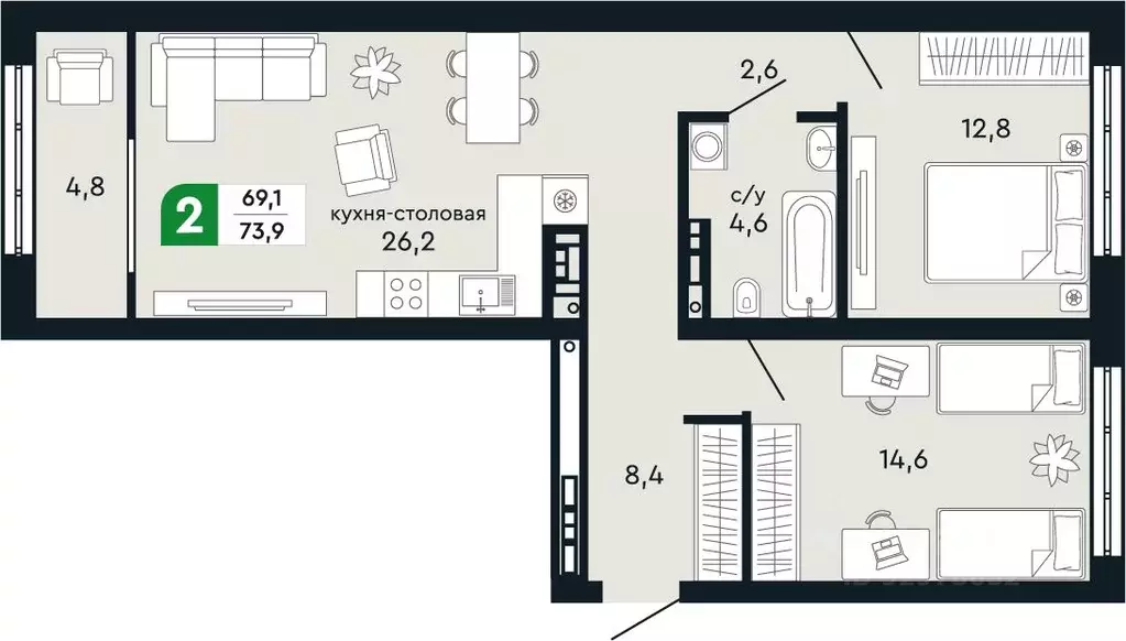 2-к кв. Свердловская область, Верхняя Пышма  (73.9 м) - Фото 1