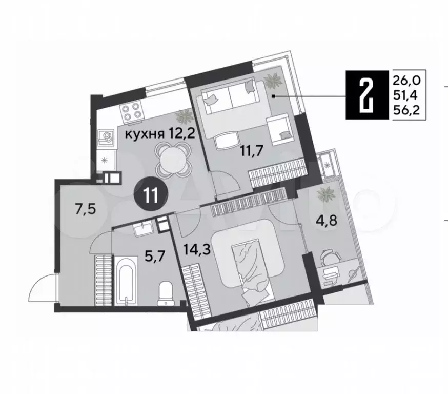 2-к. квартира, 60 м, 16/24 эт. - Фото 0