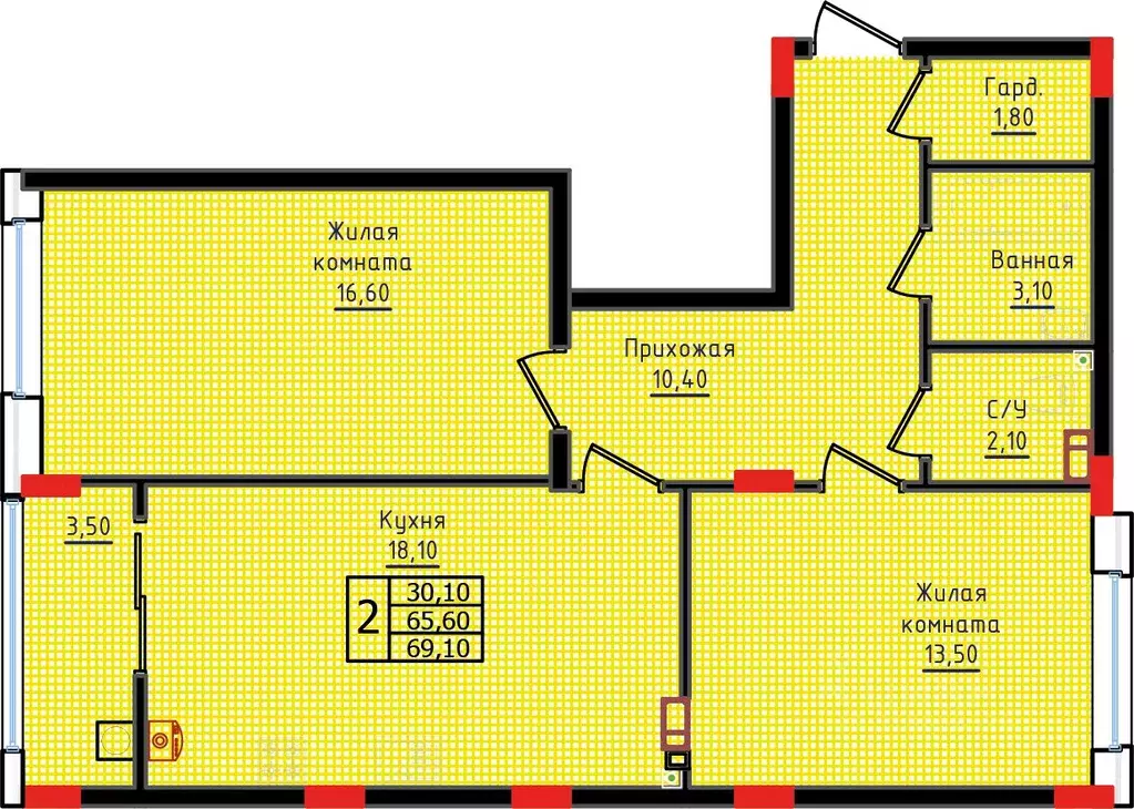 2-к кв. Ставропольский край, Ставрополь ул. Якова Андрюшина, 6 (69.0 ... - Фото 2