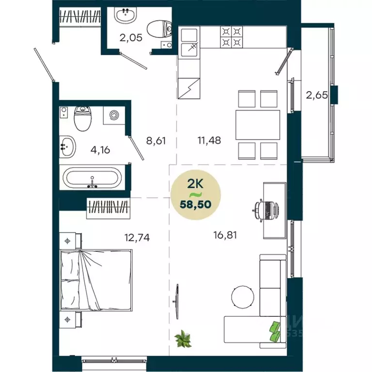2-к кв. Иркутская область, Иркутск ул. Безбокова, 7А (58.5 м) - Фото 1