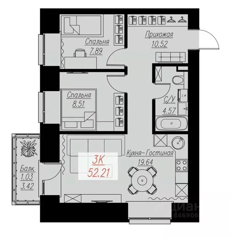 2-к кв. Красноярский край, Красноярск Семафорная ул., 441а (52.21 м) - Фото 0