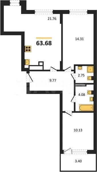 2-к. квартира, 63,7 м, 4/9 эт. - Фото 1