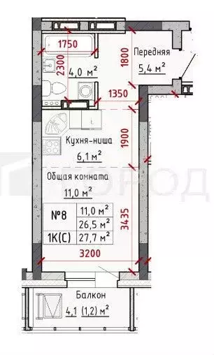 Квартира-студия, 26,6 м, 15/16 эт. - Фото 0