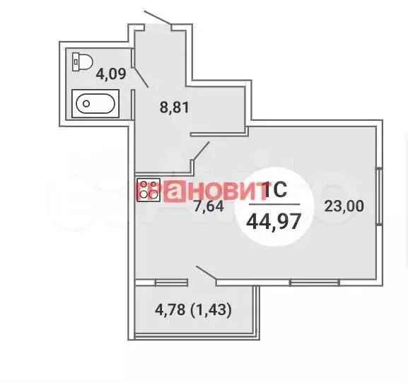 1-к. квартира, 45 м, 14/19 эт. - Фото 0