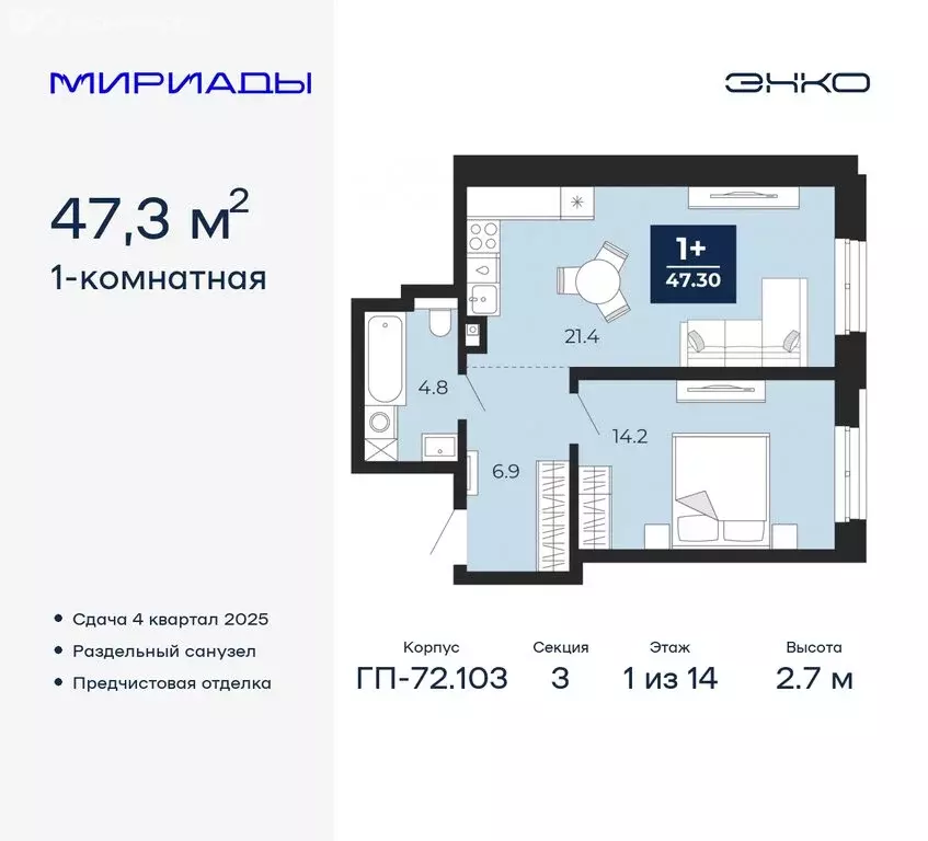 1-комнатная квартира: Тюмень, жилой комплекс Мириады (47.3 м) - Фото 0