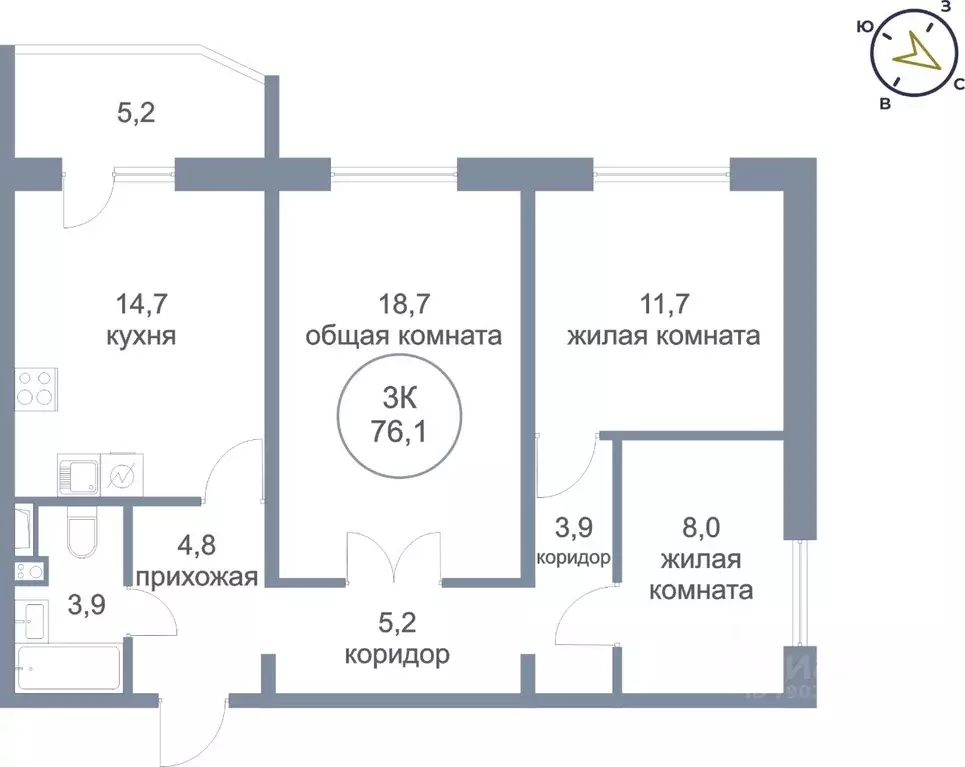 3-к кв. Ханты-Мансийский АО, Сургут Сосновая ул., 69 (76.1 м) - Фото 1