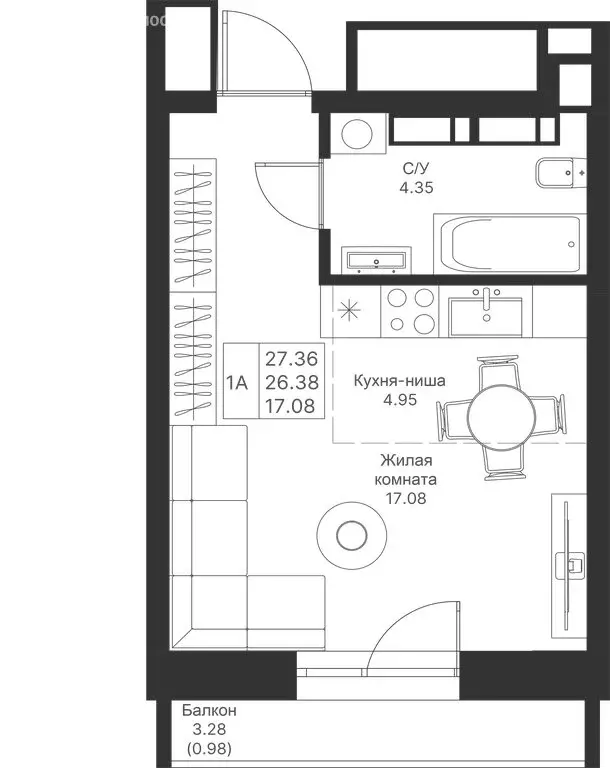 Квартира-студия: Казань, ЖК Мой Ритм, ПК14 (27.36 м) - Фото 1