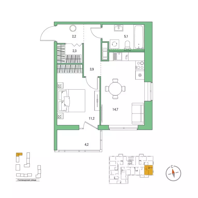 1-комнатная квартира: городской посёлок Янино-1, ЖК Янинский Лес (40.7 ... - Фото 1
