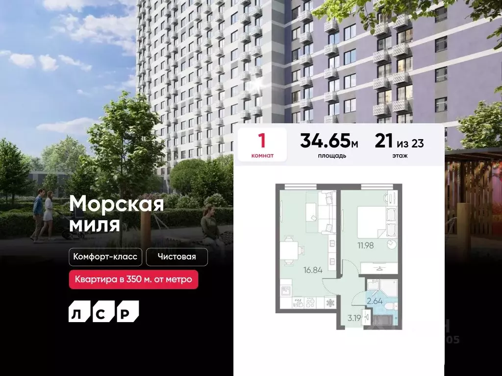 1-к кв. Санкт-Петербург Морская миля жилой комплекс (34.65 м) - Фото 0