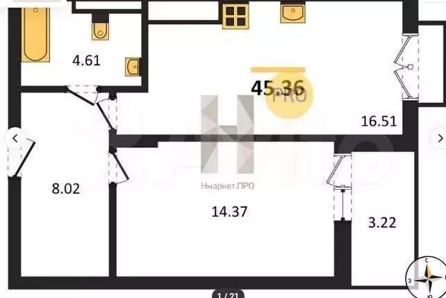 1-к. квартира, 45,4 м, 6/7 эт. - Фото 1