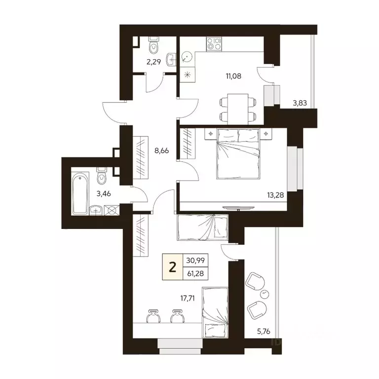 2-к кв. Башкортостан, Уфа ул. Жуковского, 19А (61.28 м) - Фото 1