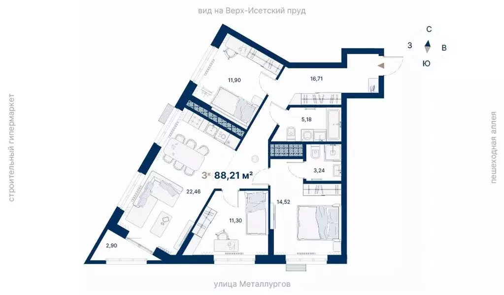 3-к кв. Свердловская область, Екатеринбург ул. Металлургов, 70Е (88.21 ... - Фото 1