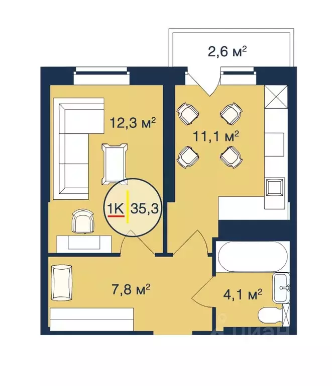 1-к кв. Тюменская область, Тюмень Таежная ул., 2 (35.3 м) - Фото 0