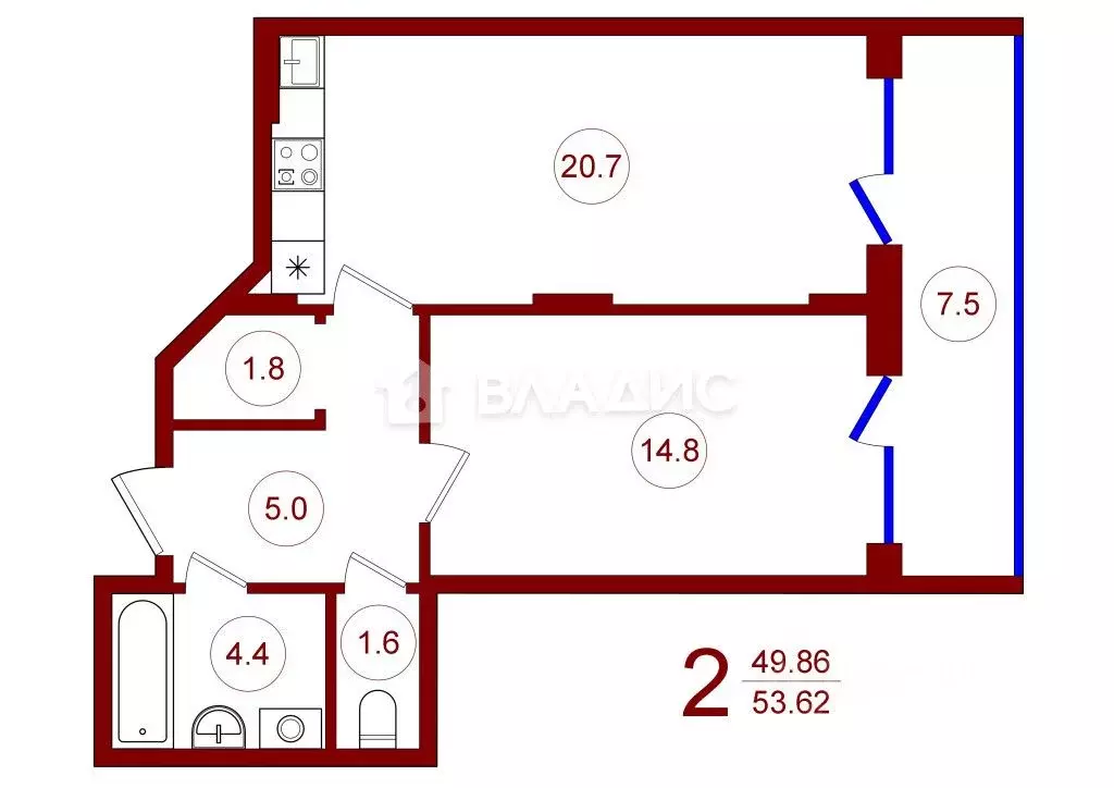 1-к кв. Воронежская область, Воронеж ул. 9 Января, 233/54 (53.62 м) - Фото 2