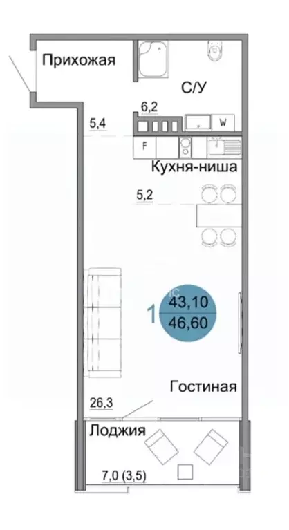 Студия Крым, Керчь Белый город жилой комплекс (46.6 м) - Фото 2