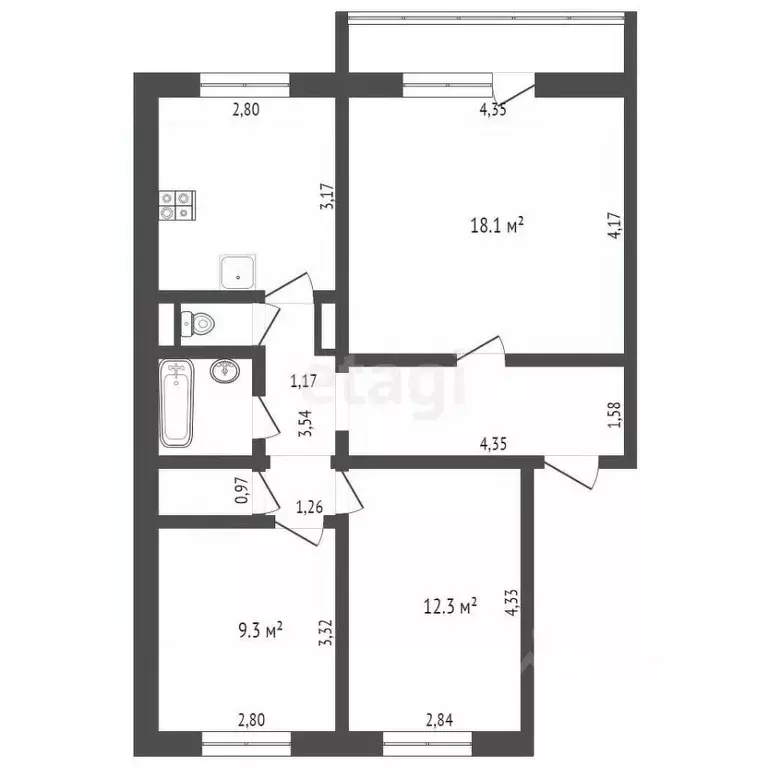 3-к кв. Кемеровская область, Новокузнецк ул. Тольятти, 76 (64.4 м) - Фото 2