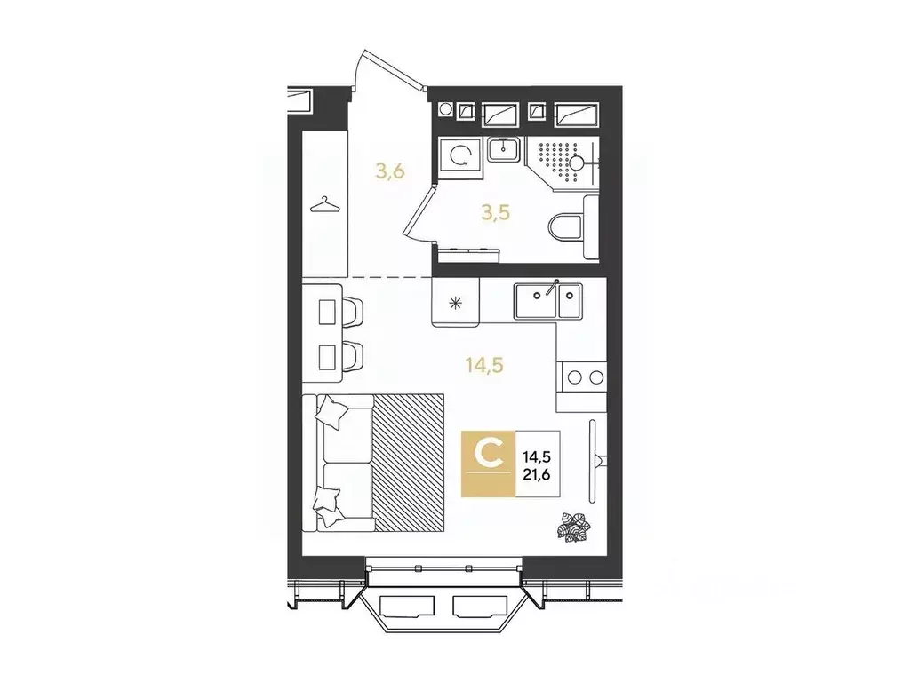 Студия Краснодарский край, Краснодар Самолет кв-л,  (21.6 м) - Фото 1