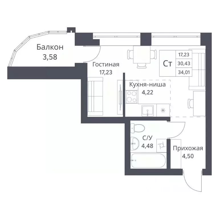 Студия Новосибирская область, Новосибирск Игарская ул., 40/2 (30.43 м) - Фото 0