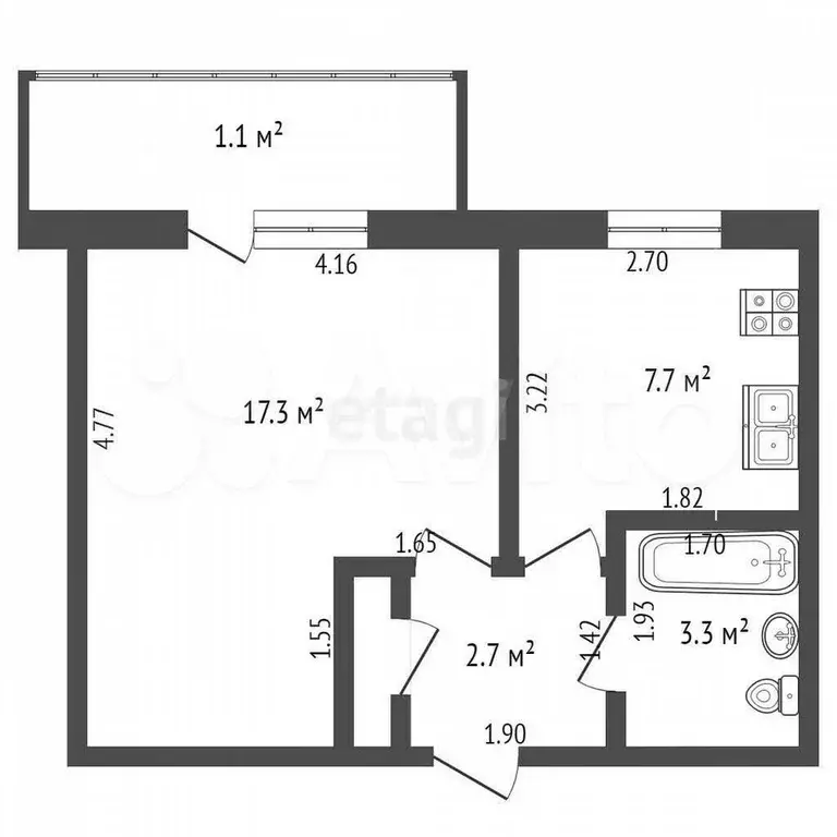 1-к. квартира, 31,9 м, 3/9 эт. - Фото 1