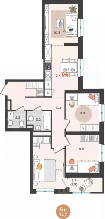 4-к кв. Пермский край, Пермь ул. Куфонина, 1 (74.7 м) - Фото 1
