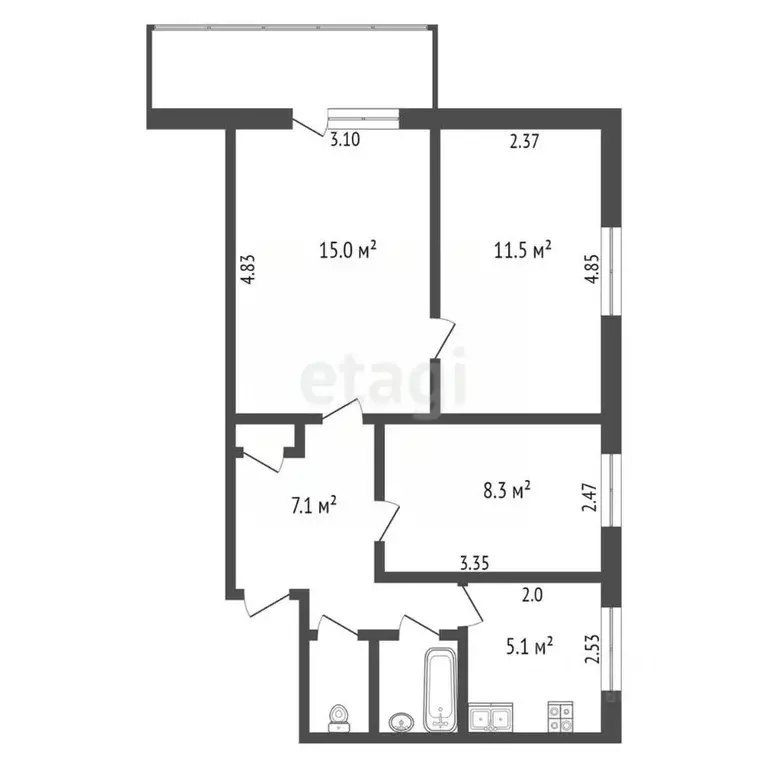 3-к кв. Ростовская область, Таганрог Котлостроительная ул., 17-3 (52.0 ... - Фото 2
