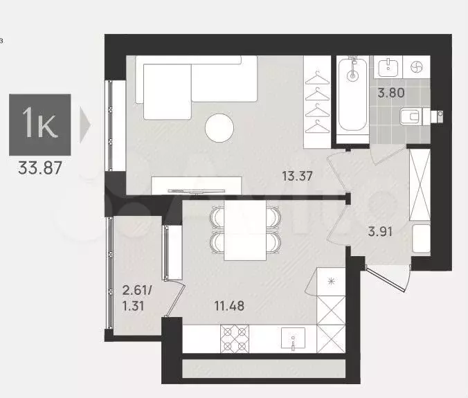 1-к. квартира, 33,9 м, 3/3 эт. - Фото 1