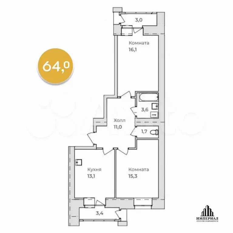 2-к. квартира, 64 м, 5/11 эт. - Фото 0
