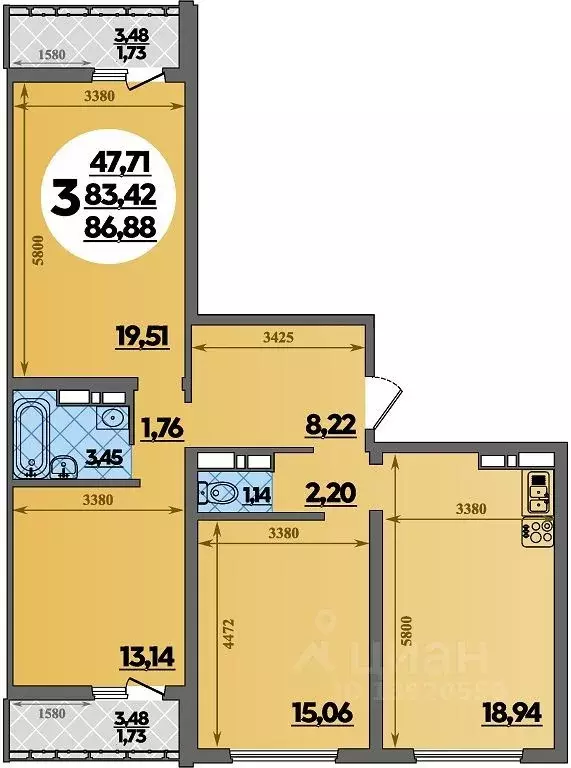 3-к кв. Адыгея, Майкоп  (86.88 м) - Фото 1