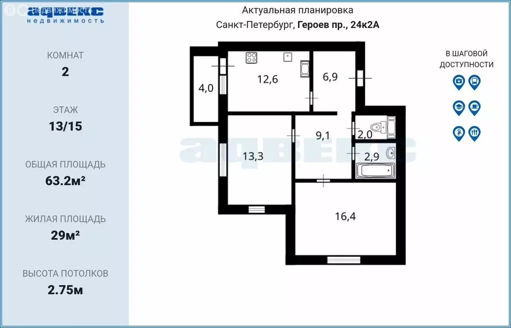 2-комнатная квартира: Санкт-Петербург, проспект Героев, 24к2 (63.2 м) - Фото 1