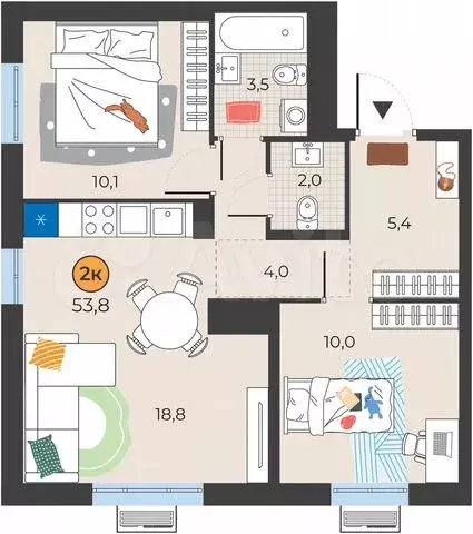 2-к. квартира, 53,8 м, 24/25 эт. - Фото 0