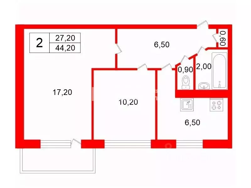 2-к кв. Санкт-Петербург Искровский просп., 17К1 (44.2 м) - Фото 2
