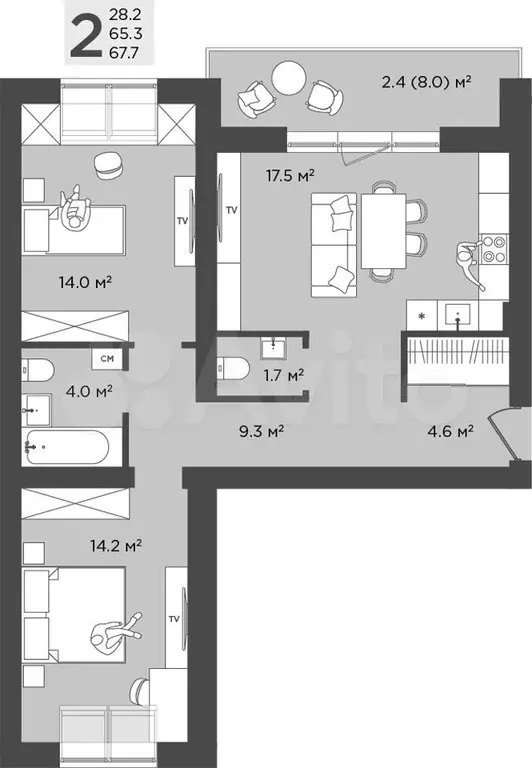 2-к. квартира, 67,7 м, 4/4 эт. - Фото 1