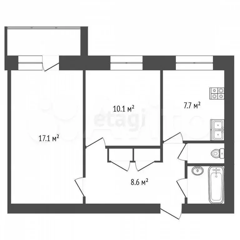 2-к. квартира, 48,7 м, 4/4 эт. - Фото 0