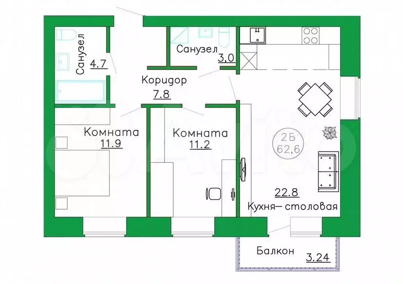 2-к. квартира, 62,6м, 4/8эт. - Фото 1