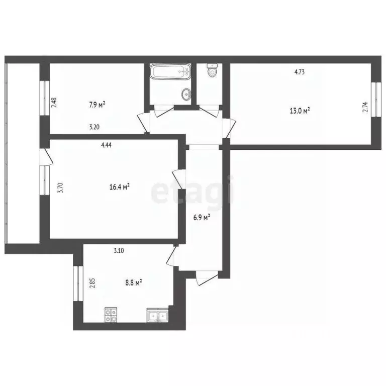 3-к кв. Вологодская область, Череповец ул. Гоголя, 44 (59.4 м) - Фото 1