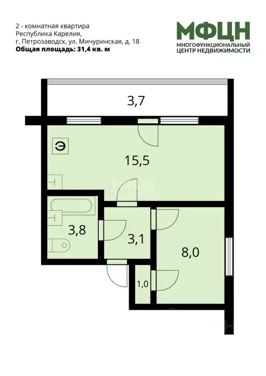 2-к кв. Карелия, Петрозаводск Мичуринская ул., 18 (31.4 м) - Фото 2