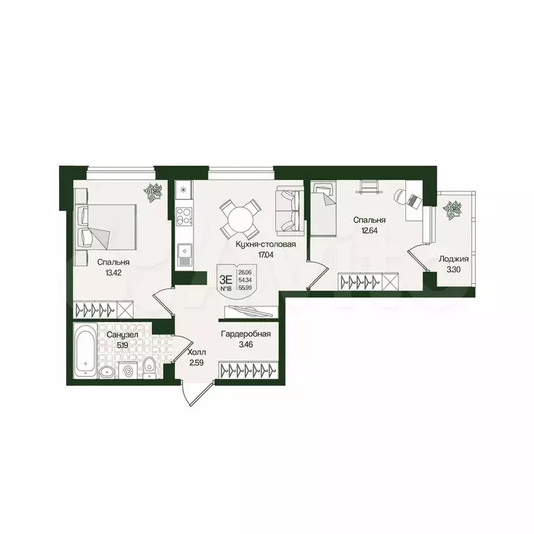2-к. квартира, 56 м, 4/4 эт. - Фото 0