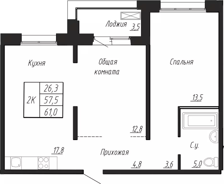 2-к квартира, 61 м - Фото 0