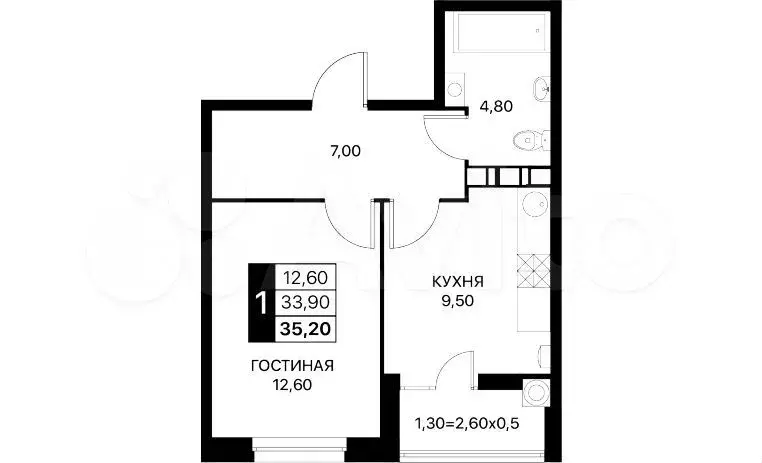 1-к. квартира, 35,2 м, 8/9 эт. - Фото 1