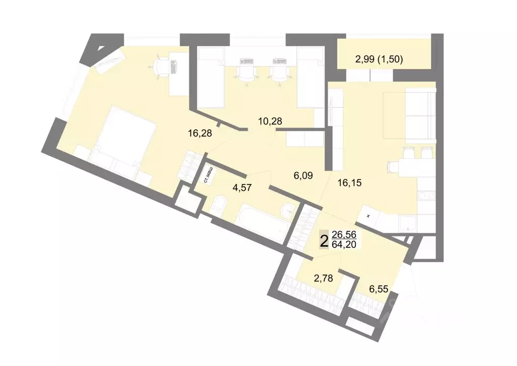 2-к кв. Свердловская область, Екатеринбург ул. Тенистая, 8с5 (64.2 м) - Фото 1