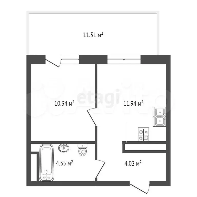 1-к. квартира, 30,7 м, 1/4 эт. - Фото 0