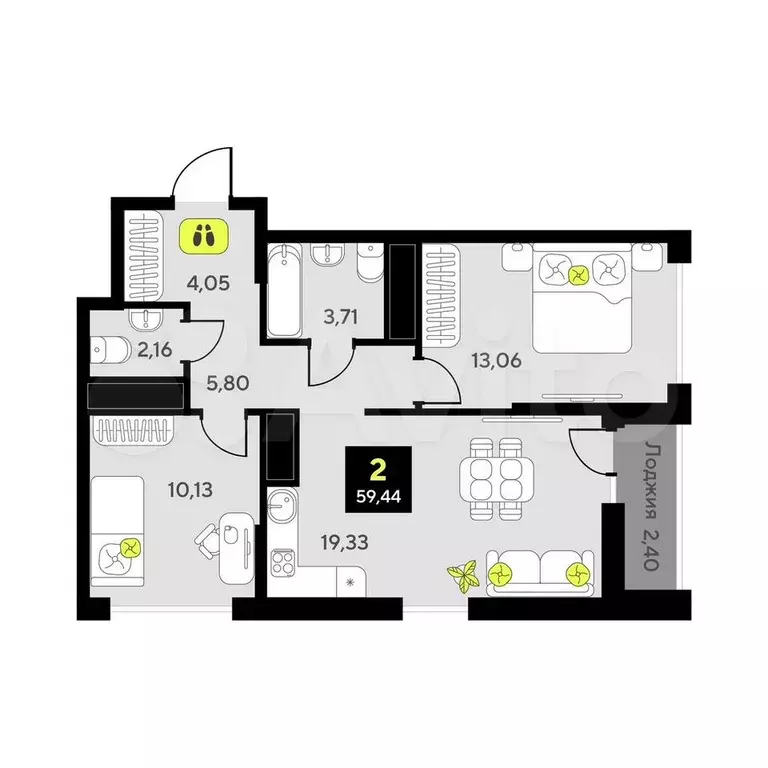 2-к. квартира, 59,4 м, 14/14 эт. - Фото 0
