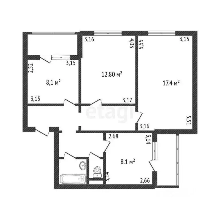 3-к кв. Белгородская область, Белгород ул. Есенина, 52 (64.0 м) - Фото 2