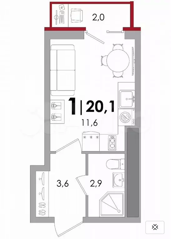 Квартира-студия, 20,1 м, 10/16 эт. - Фото 0